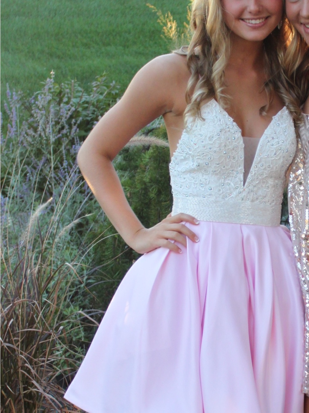 Angela & Alison Pink Skater Dress with Ivory Beaded Bodice